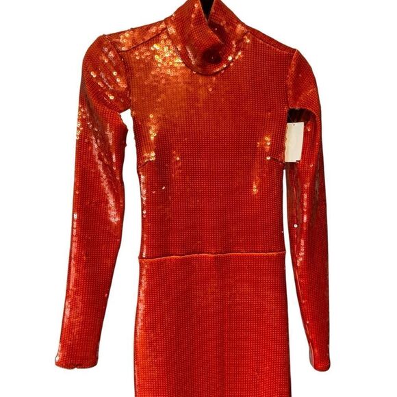 Revolve LaQuan Smith Orange Sequin Mock Neck Long Sleeve Cutout Column Gown L - Picture 6 of 10